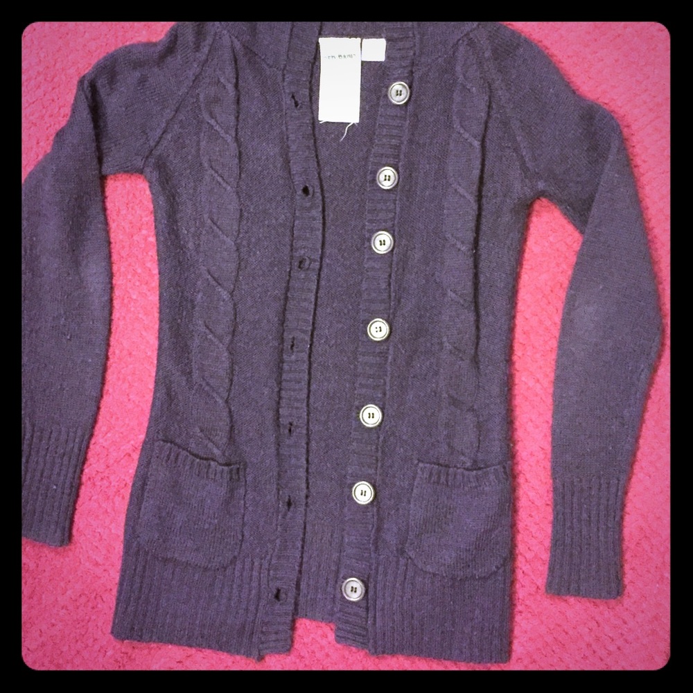 Purple cable knit button up cardigan with hood
